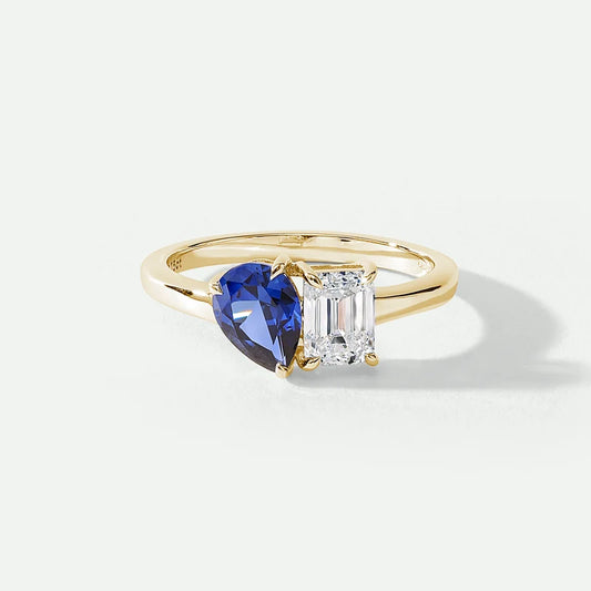 Blue & White Stone Toi et Moi Gold Ring