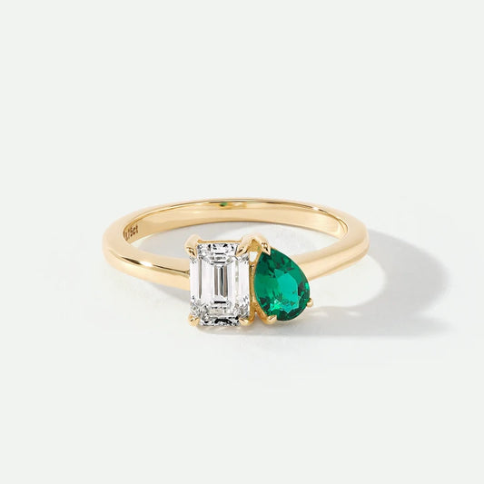 Emerald & Diamond Toi et Moi Gold Ring